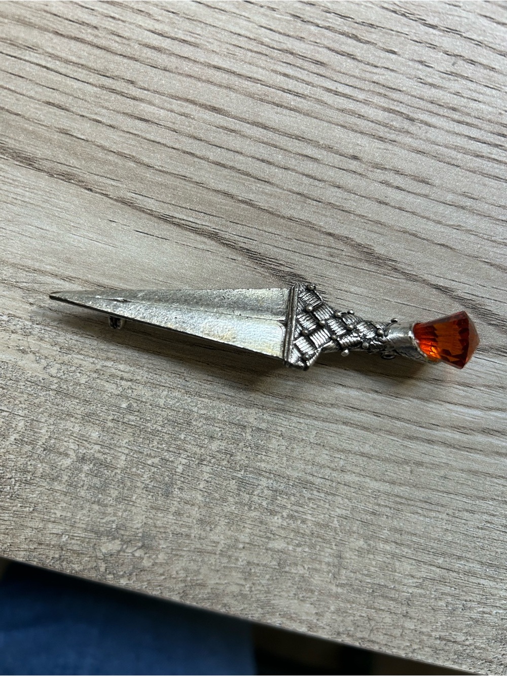Vintage Scottish dirk kilt pin brooch silver tone with Amber glass accent